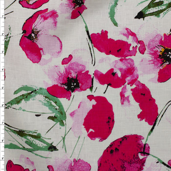 Hot Pink Floral on White Linen Fabric By The Yard