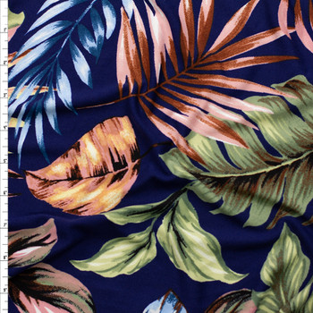 Tan, Green, and Teal Leaves and Palms on Navy Double Brushed Poly/Spandex Fabric By The Yard