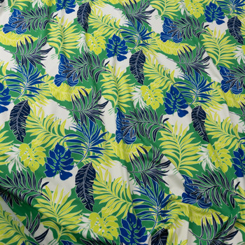 Blue, Lime, and White Palms on Bright Green Double Brushed Poly/Spandex Fabric By The Yard - Wide shot