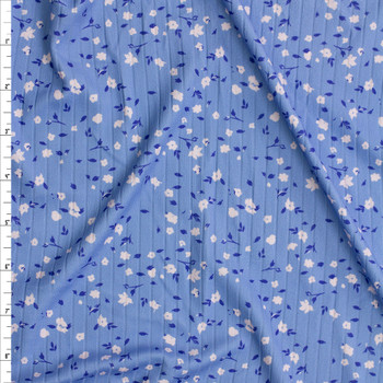 White and Periwinkle Floral on Light Blue Double Brushed Poly Rib Fabric By The Yard