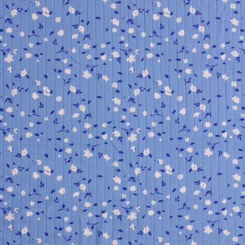 White and Periwinkle Floral on Light Blue Double Brushed Poly Rib Fabric By The Yard - Wide shot