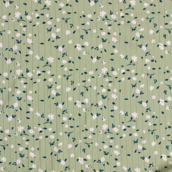 White and Hunter Floral on Sage Double Brushed Poly Rib Fabric By The Yard - Wide shot