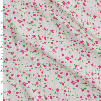 Pink and Green Floral on White Double Brushed Poly Rib Fabric By The Yard