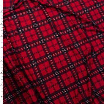 Deep Red and Black Plaid Crepe Knit Fabric By The Yard - Wide shot