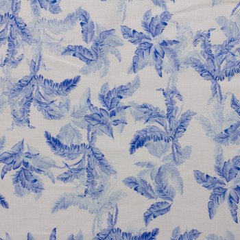 Blue Summer Leaves on White Cotton/Linen Print Fabric By The Yard - Wide shot