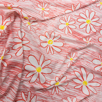 Pink and Red Playful Daisies Cotton/Linen Print Fabric By The Yard - Wide shot