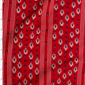 Red, Navy, and White Vertical Paisley Stripe Cotton/Linen Print Fabric By The Yard