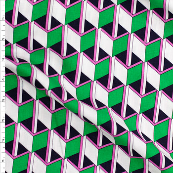 Lime, Pink, and Black Geometric on White Cotton/Linen Print Fabric By The Yard
