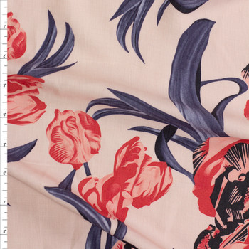 Coral and Slate Tulip Floral on Blush Cotton/Linen Print Fabric By The Yard