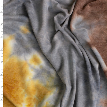 Tan, Yellow, Teal, and Grey Tie Dye Soft French Terry #26344 Fabric By The Yard