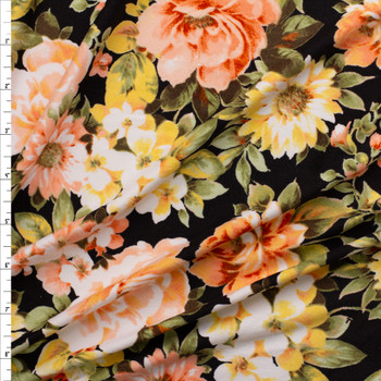 Peach and Ivory Rose Floral on Black Double Brushed Poly/Spandex Knit Fabric By The Yard