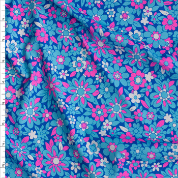 Pink, White, and Aqua Retro Floral on Blue Nylon/Spandex Fabric By The Yard