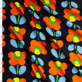 Bright Orange Retro Flora on Black Double Brushed Poly/Spandex Fabric By The Yard