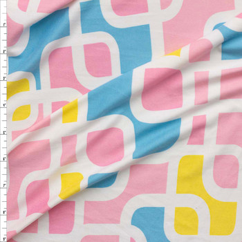 Pink, Aqua, and Yellow Retro Overlapping Tiles Double Brushed Poly/Spandex Fabric By The Yard