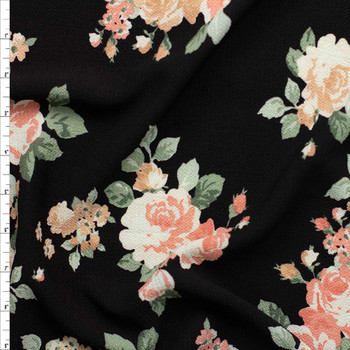 Pink and Ivory Floral on Black Polyester Bubble Crepe Fabric By The Yard