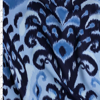 Navy and Light Blue Ikat Damask Poly Crepe De Chine Fabric By The Yard