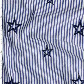 Black Embroidered Stars on Blue and White Stripe Seersucker Fabric By The Yard
