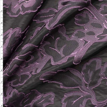 Plum and Black Textured Rose Burnout Designer Brocade Fabric By The Yard