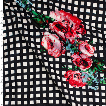 Hot Pink Rose Floral on Black and White Grid Double Brushed Poly Fabric By The Yard