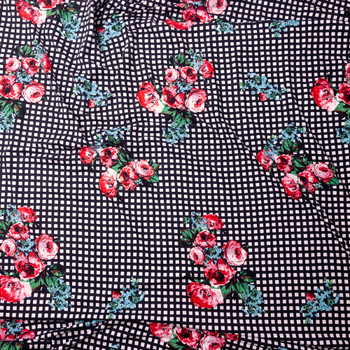 Hot Pink Rose Floral on Black and White Grid Double Brushed Poly Fabric By The Yard - Wide shot