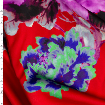 Purple and Grey Large Floral on Red Designer Satin Print Fabric By The Yard
