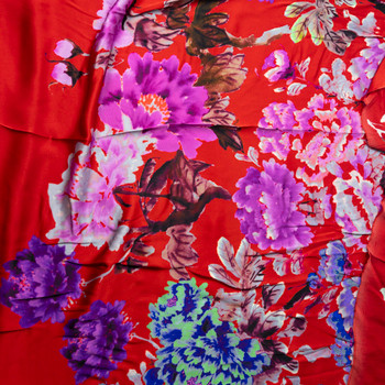 Purple and Grey Large Floral on Red Designer Satin Print Fabric By The Yard - Wide shot