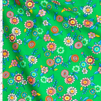 Turquoise, White, and Orange Vintage Floral on Green London Calling Cotton Lawn from Robert Kaufman Fabric By The Yard