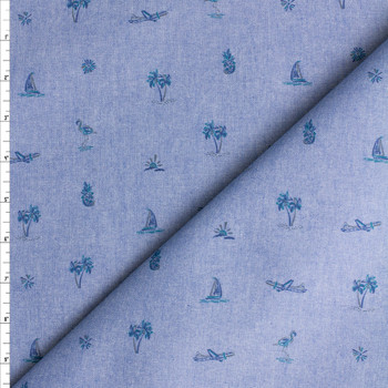 Blue Sailboats, Palms, and Planes on Blue Chambray Weekend from Robert Kaufman Fabric By The Yard