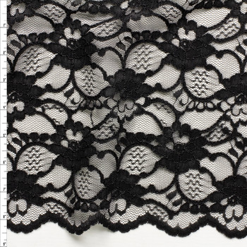 Black Floral Double Scalloped Reimbroidered Designer Lace #26985 Fabric By The Yard