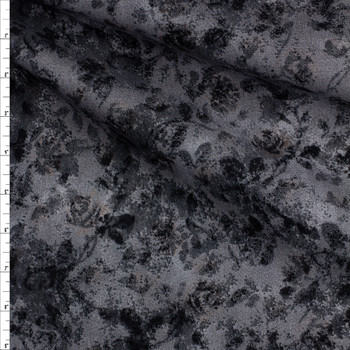 Black and Charcoal Grunge Floral Stretch Flocked Twill Fabric By The Yard