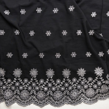 White Double Bordered Floral Embroidery On Black Rayon Challis Fabric By The Yard - Wide shot