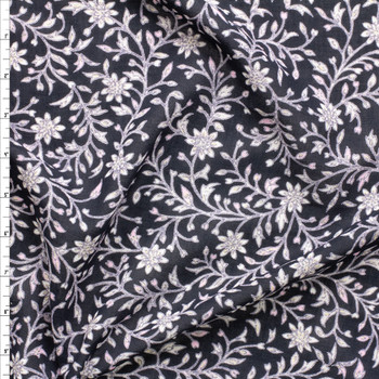 Scrolling Sketchbook Vines And Flowers On Black Rayon Georgette Fabric By The Yard