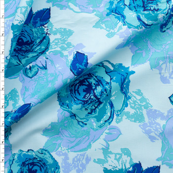 Blue And Turquoise Floral On Light Blue Stretch Cotton Poplin Fabric By The Yard