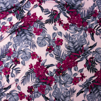 Grey And Plum Tropical On Light Pink Designer Rayon Jersey Knit #27468 Fabric By The Yard - Wide shot