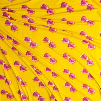 Heart Shaped Glasses On Sunshine Yellow Designer Rayon Jersey Knit #27469 Fabric By The Yard - Wide shot