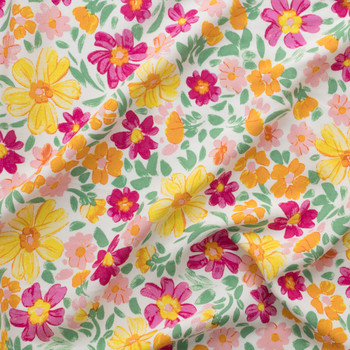 Painted Springtime Floral On White Rayon Challis Fabric By The Yard