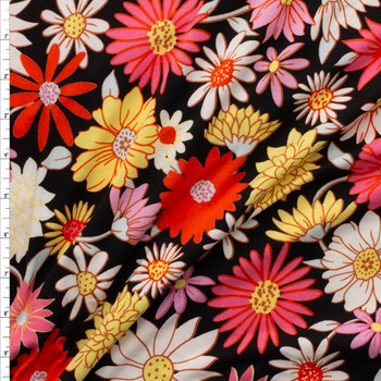 Retro Summer Floral On Black Double Brushed Poly Fabric By The Yard
