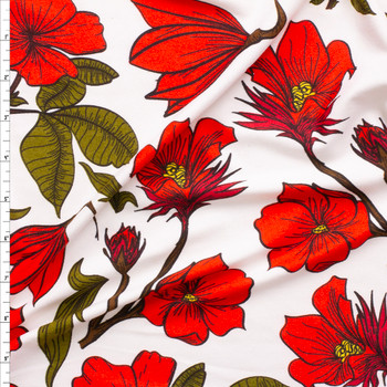 Red And Sage Floral On Ivory Double Brushed Poly Fabric By The Yard