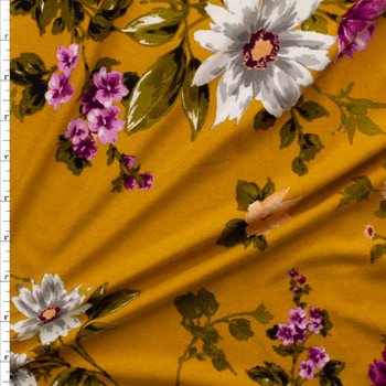 White And Plum Wildflowers On Mustard Double Brushed Poly Fabric By The Yard