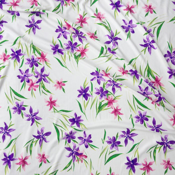 Pink And Purple Orchids On White Double Brushed Poly Fabric By The Yard - Wide shot