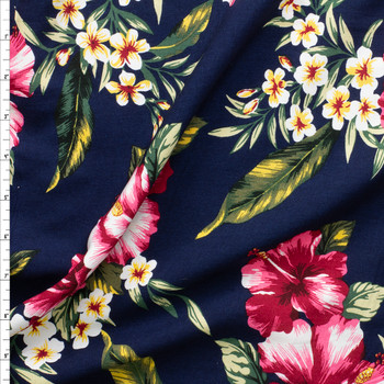 Magenta Hibiscus Floral On Navy Rayon Challis #27891 Fabric By The Yard