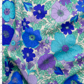 Retro Blue And Seafoam Floral Rayon Challis Fabric By The Yard