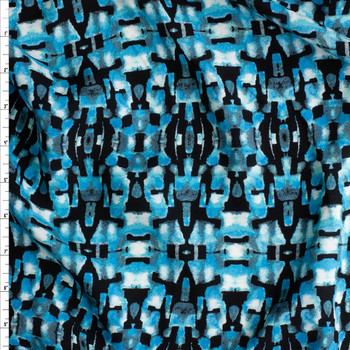 Teal. Aqua, And Black Abstract Geometric Rayon Challis Fabric By The Yard