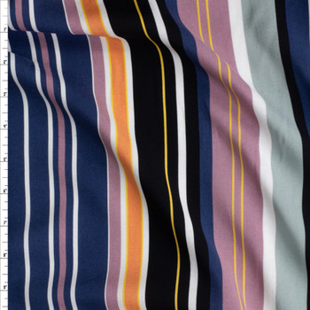 Navy, Mauve, And Peach Vertical Stripe Rayon Challis #27894 Fabric By The Yard