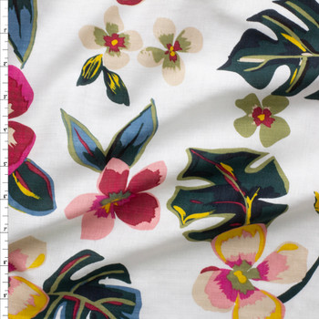 Pink, Yellow, And Green Island Floral On White Cotton Lawn Fabric By The Yard