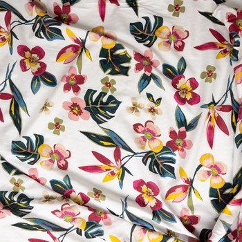 Pink, Yellow, And Green Island Floral On White Cotton Lawn Fabric By The Yard - Wide shot