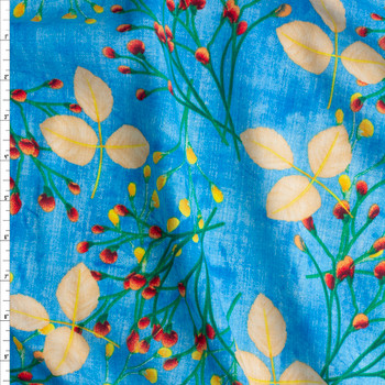 Red, Yellow, Green, And Tan Floral On Blue Cotton Lawn Fabric By The Yard