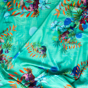 Vibrant Wonderland Floral On Bright Green Cotton Lawn Fabric By The Yard - Wide shot