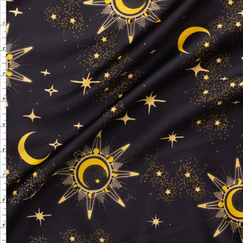 Yellow Moons And Stars On Black Satin Fabric By The Yard