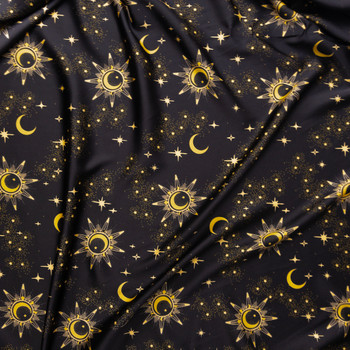 Yellow Moons And Stars On Black Satin Fabric By The Yard - Wide shot